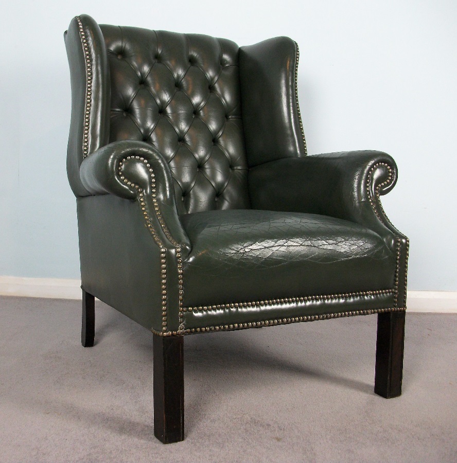 Georgian Green Leather Wing Back Chair
