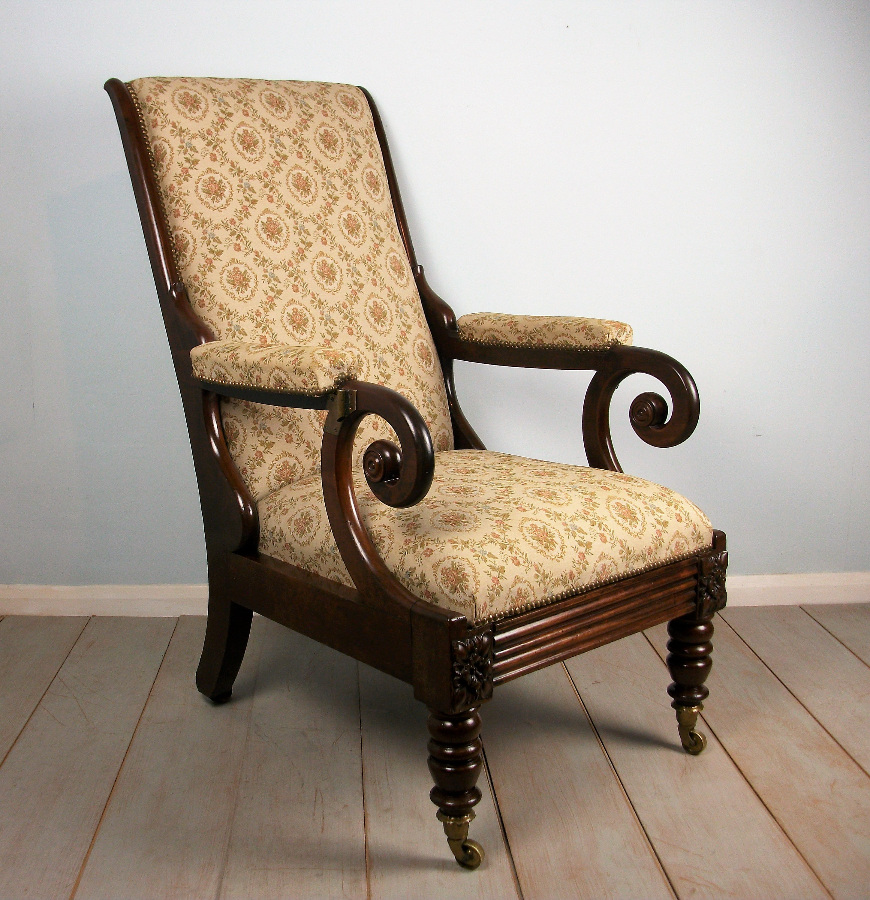 Antique Reclining Mahogany Library Armchair