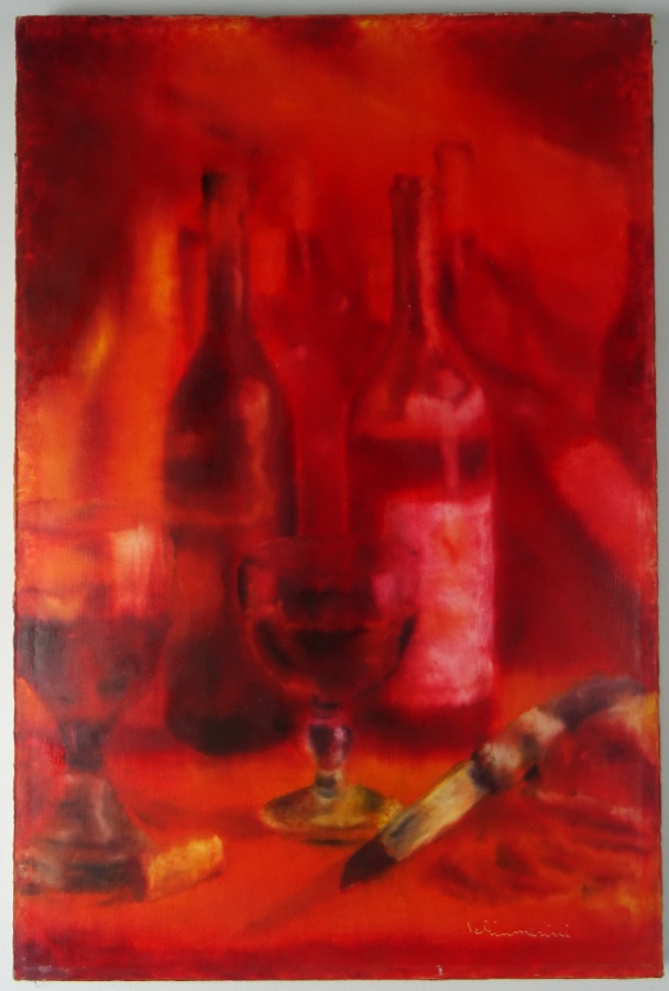 Italian oil on canvas original 1970’s still life with wine glasses and bottles. (1).JPG