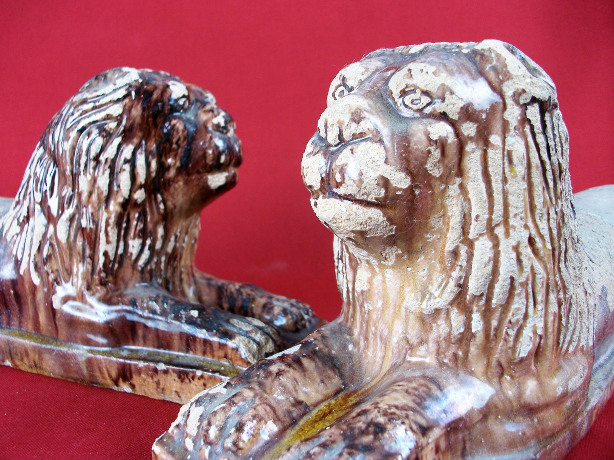 Pair of Antique Italian Terracotta Lions Firedogs