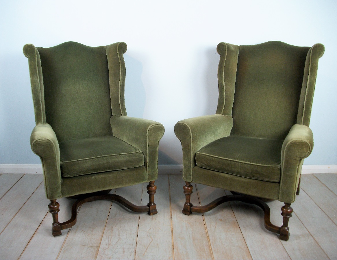 Pair of Edwardian Wing Back Upholstered Armchairs