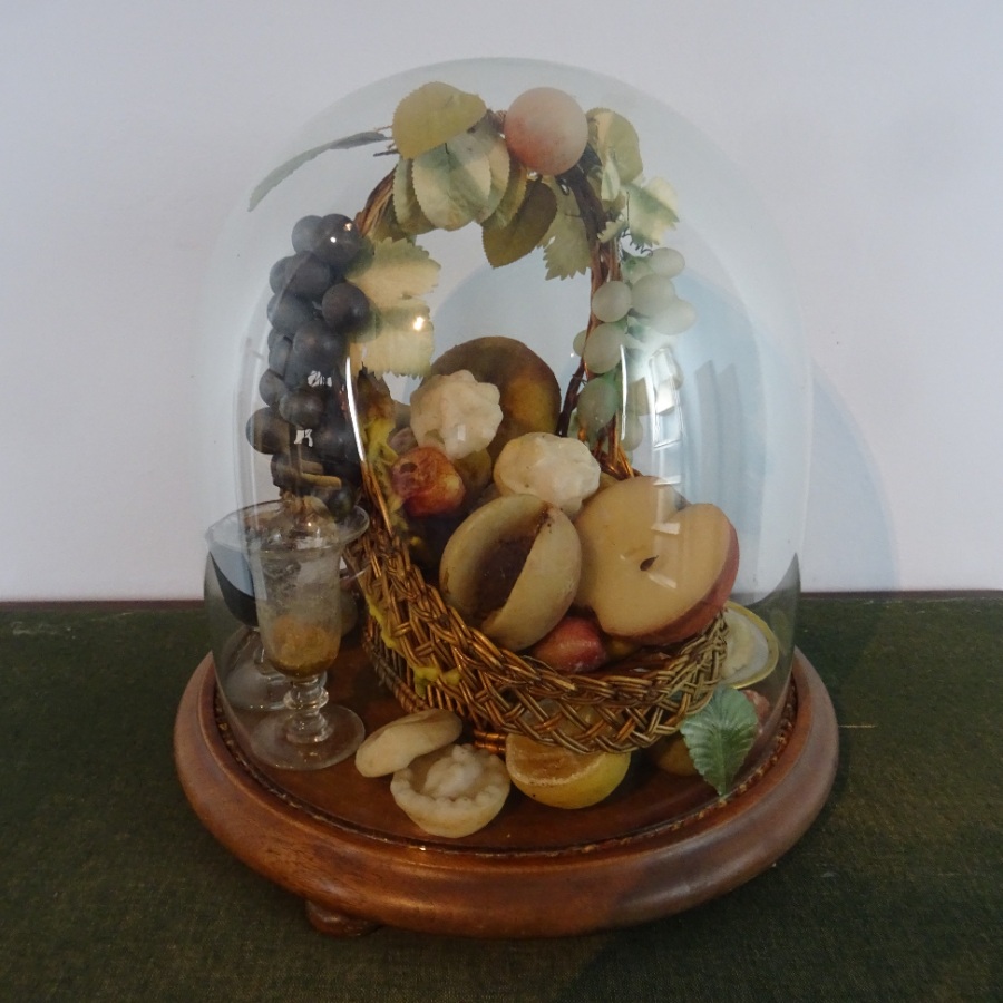 Large Victorian Wax Fruit Basket under Glass Dome