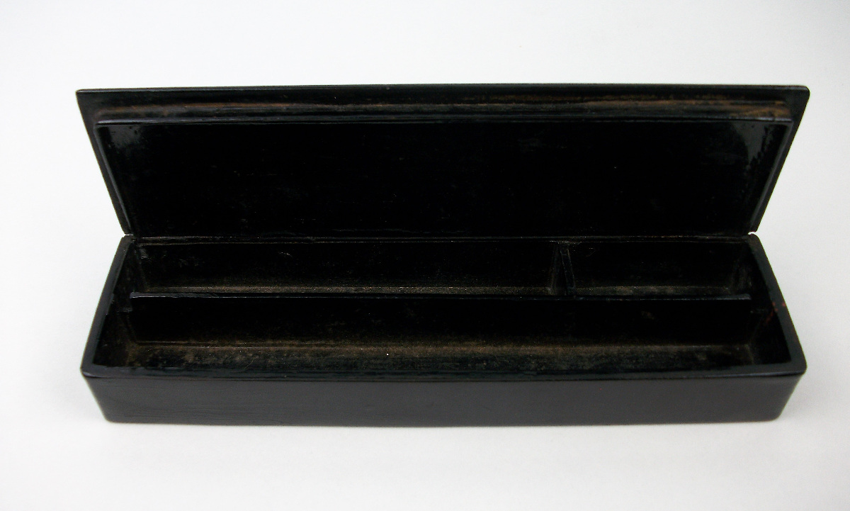 Chinoiserie Black Lacquered Papier Mache Pencil Box