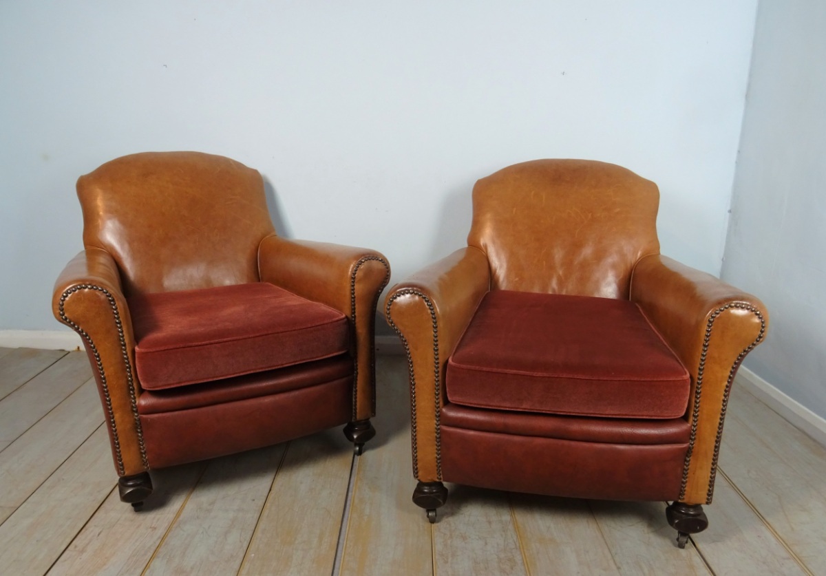 Antique Pair Of Leather Club Armchairs