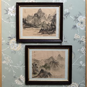 Pair of Signed Chinese Shan Shui Silk Paintings in Original Frames